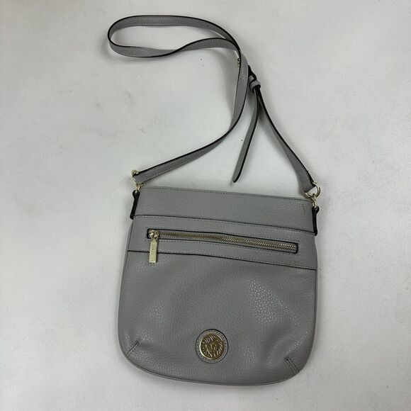 Anne Klein Gray Crossbody Bag Purse Embossed Faux Leather Polka Dot Interior - Picture 3 of 8